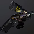 Futuristic Tactical Weapon With Black Canister Yellow Warning Symbol Bat Design And Metallic Grip