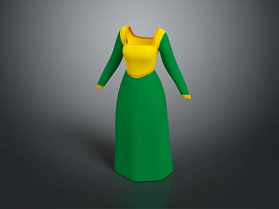 Women's Long Sleeve Dress with Yellow Top and Green Skirt Design 3d model