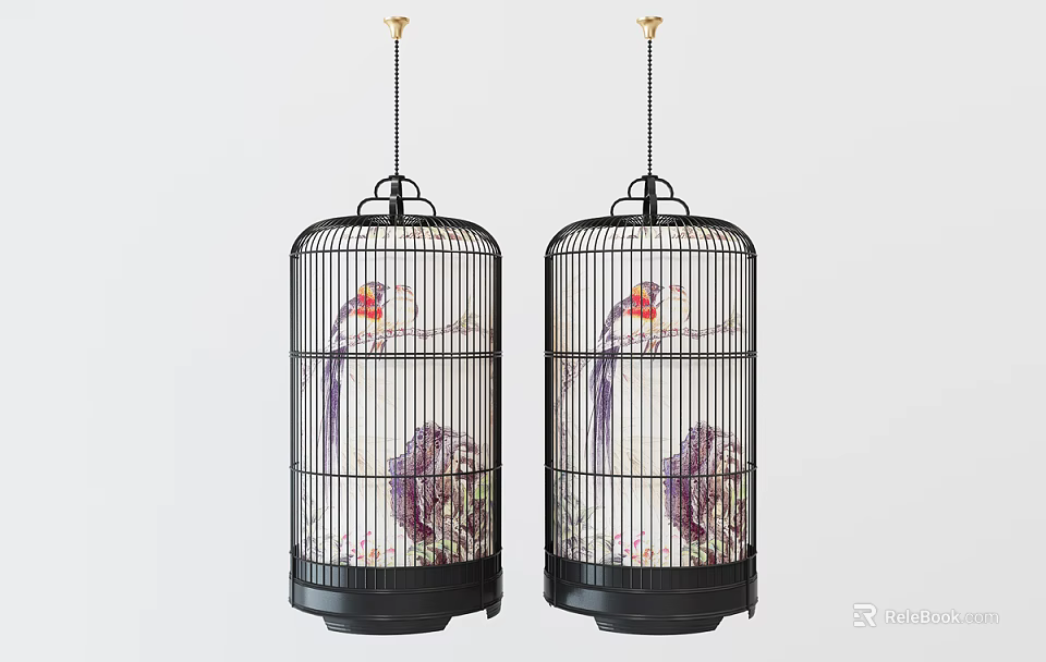 Two Black Birdcage Chandeliers Featuring Gold Accents And Decorative Floral Bird Pattern 3d model 