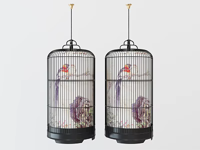 Two Black Birdcage Chandeliers Featuring Gold Accents And Decorative Floral Bird Pattern 3d model