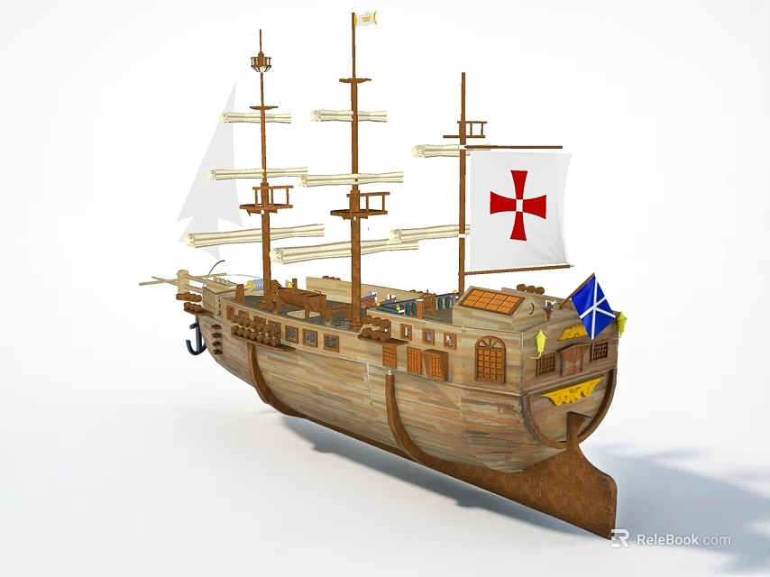 Classic Wooden Sailing Ship with Multiple Masts Colorful Flags and Detailed Deck 3d model 
