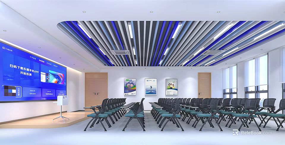 Modern Conference Room Interior Featuring Striped Ceiling Large Screen Wall Paintings And Neat Chairs 3d model 