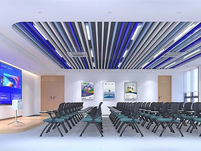 Modern Conference Room Interior Featuring Striped Ceiling Large Screen Wall Paintings And Neat Chairs 3d model