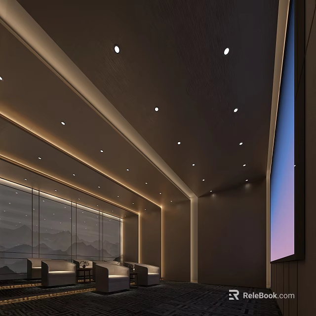 Modern Cinema Interior With Large Projection Screen Comfortable Seats And Mountain View Art 3d model 