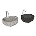 Natural Stone Washbasin With Rough Surface Texture Faucet Flowing Water And Small Stone Basin Design