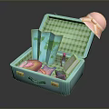 Open Blue Suitcase Containing Daily Necessities Pink Hat Green Checkered Cloth