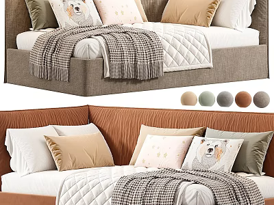 Cozy Kids Bed With Soft Pillows Checkered Blanket And Neutral Tones 3d model