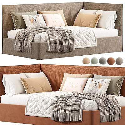 Cozy Kids Bed With Soft Pillows Checkered Blanket And Neutral Tones 3d model