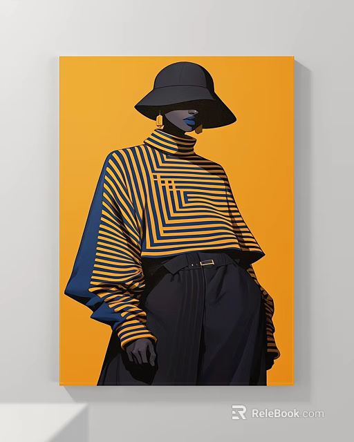 Abstract Figure Portrait Wearing Black Wide Brimmed Hat and Striped Turtleneck on Orange Background 3d model 