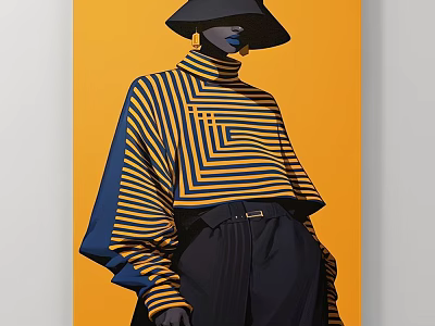 Abstract Figure Portrait Wearing Black Wide Brimmed Hat and Striped Turtleneck on Orange Background 3d model