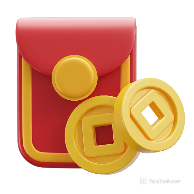 Red Pouch with Yellow Button and Yellow Square Hole Coins Ornament Decor Set 3d model 