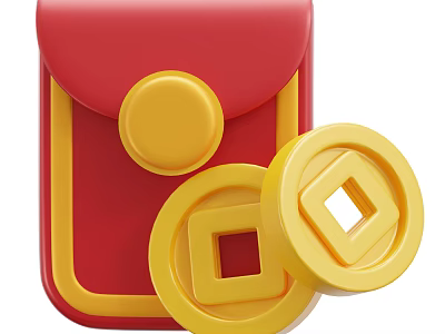 Red Pouch with Yellow Button and Yellow Square Hole Coins Ornament Decor Set 3d model