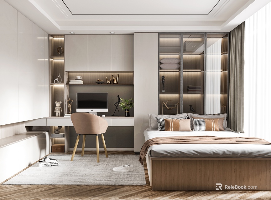 Modern Tatami Bedroom Interior Design With Tatami Bed Writing Desk And Storage Cabinets 3d model 