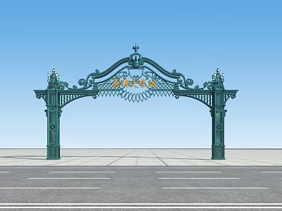 Green Iron Arch With Intricate Decorative Patterns Golden Accents And Blue Sky Background 3d model