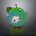 Colorful Earth Model With Green Land Blue Ocean Panda Trees And Flowers