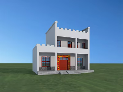 Two Story White Building with Red Door Green Lawn and Blue Sky Background 3d model