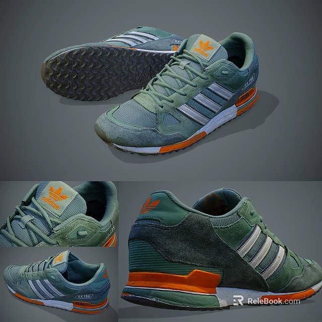 Green Orange And White Sports Shoes With White Stripes Textured Sole And Suede Material 3d model 