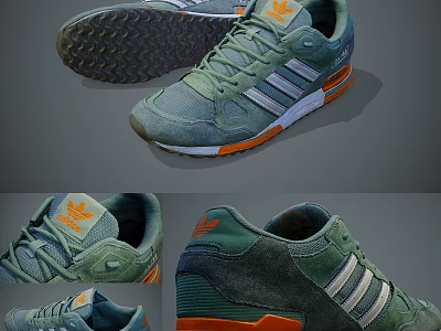 Green Orange And White Sports Shoes With White Stripes Textured Sole And Suede Material 3d model