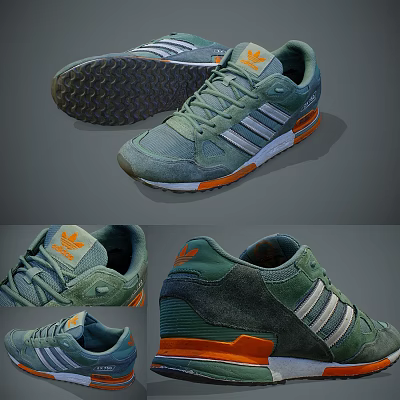 Green Orange And White Sports Shoes With White Stripes Textured Sole And Suede Material 3d model