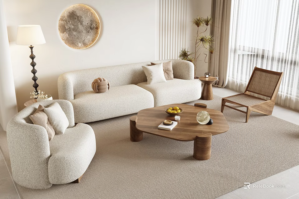 Modern Beige Sofa And Wooden Coffee Table Set With Armchair Rug Floor Lamp And Potted Plant 3d model 