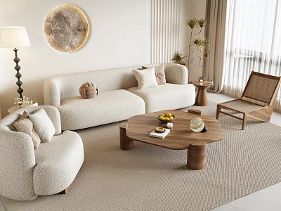 Modern Beige Sofa And Wooden Coffee Table Set With Armchair Rug Floor Lamp And Potted Plant 3d model