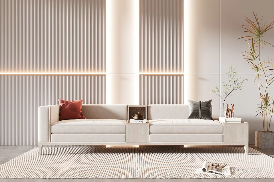 Modern Beige Sectional Sofa With Red And Black Cushions Striped Wall Lighting And Green Plant 3d model 