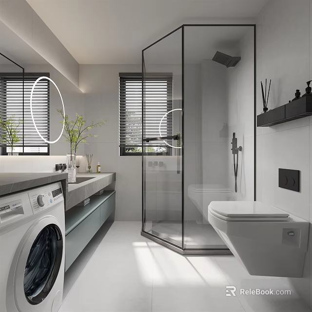 Modern Bathroom Interior Design With Vanity Sink Round Mirror Glass Shower And Washing Machine 3d model 