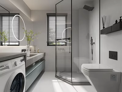 Modern Bathroom Interior Design With Vanity Sink Round Mirror Glass Shower And Washing Machine 3d model