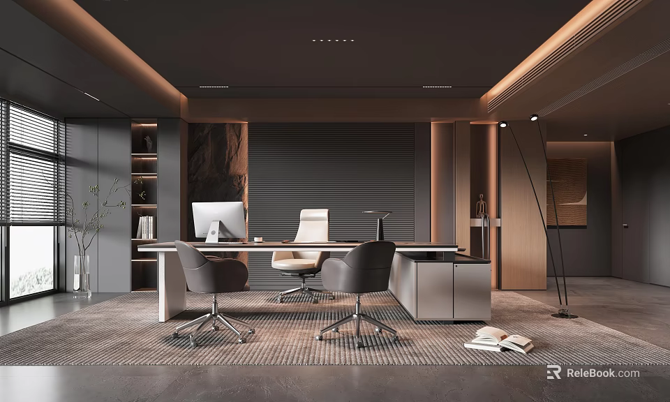 Stylish Modern Office Interior Design With Desk Chairs Computer And Gray Decor 3d model 