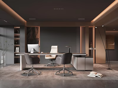 Stylish Modern Office Interior Design With Desk Chairs Computer And Gray Decor 3d model