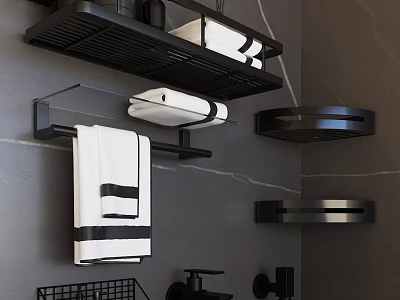 Modern Bathroom Set With Black Metal Wall Mounted Shelves And Towel Storage Racks 3d model