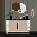 Elegant Entryway Console Cabinet With White Body Gold Handles Green Plant And Round Mirror Decor
