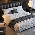Double Bed With Black Leather Headboard White Quilt Bedside Tables Table Lamp and Black Chair
