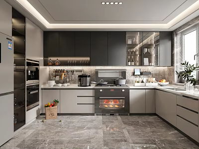 Modern Kitchen Interior With Dark Cabinets Marble Countertop Island And Built in Appliances 3d model