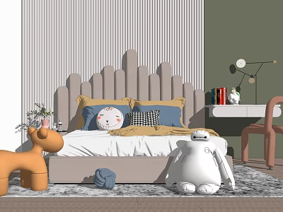 Kids Bed With Wave Shaped Headboard Soft Pillows Toys Table Lamp And Books 3d model