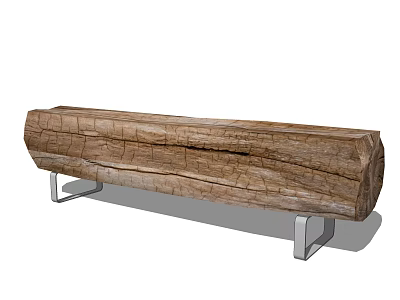 Natural Log Wooden Stool With Cracked Surface And Metal Support Legs 3d model