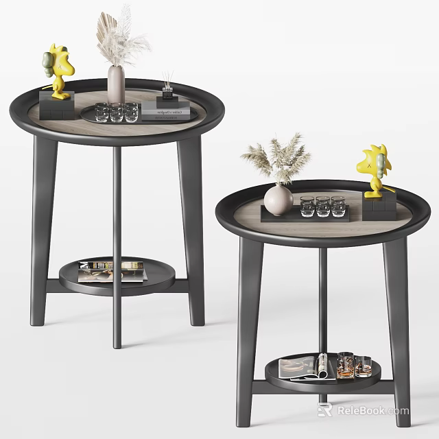 Modern Round Side Tables With Lower Shelf And Decorative Items For Living Room 3d model 