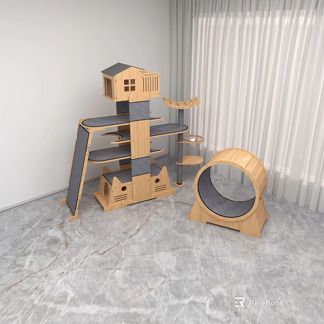 Wooden Multi Level Cat Tree With Platforms And Round Scratching Bed 3d model 
