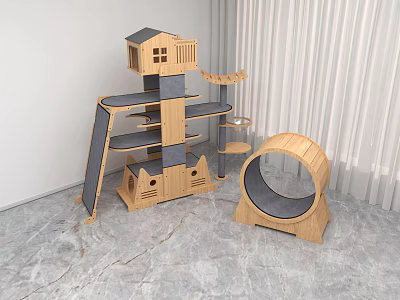 Wooden Multi Level Cat Tree With Platforms And Round Scratching Bed 3d model