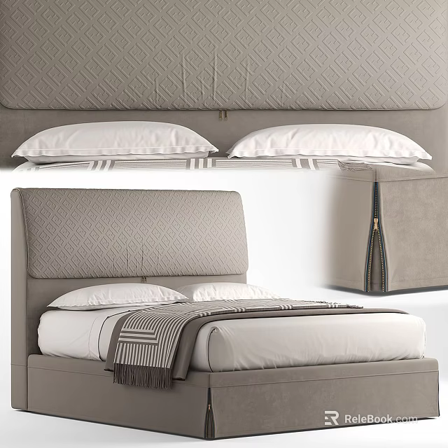 Elegant Inflatable Bed Design With Quilted Headboard Soft Pillow And Warm Blanket 3d model 