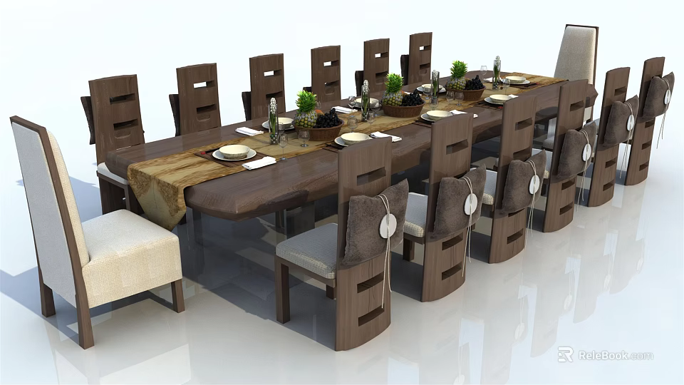 Modern Wooden Dining Table Set With Chairs Tableware And Green Plants Decorations 3d model 