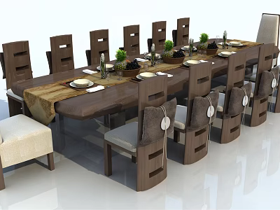 Modern Wooden Dining Table Set With Chairs Tableware And Green Plants Decorations 3d model