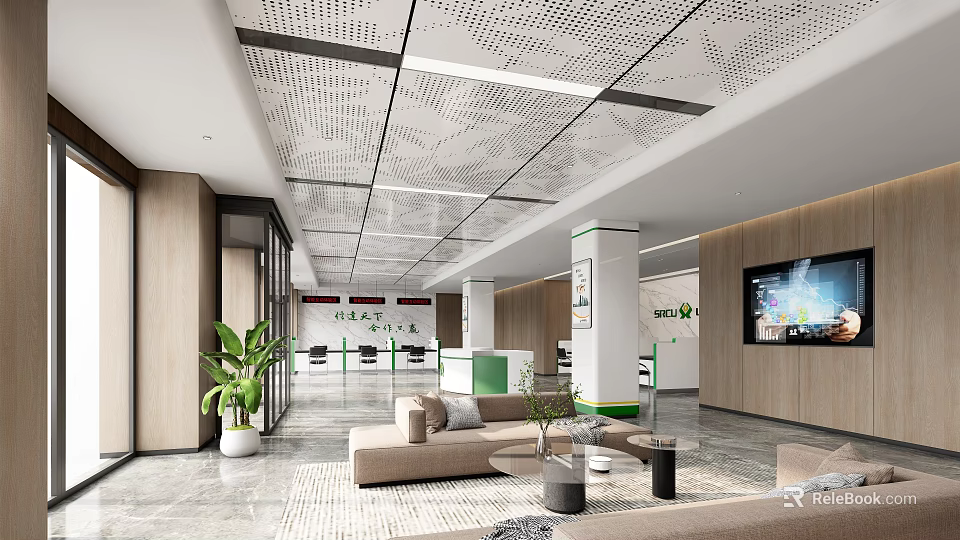 Modern Digital Store Interior With Product Displays Green Plants Sofa Seating And Wooden Walls 3d model 