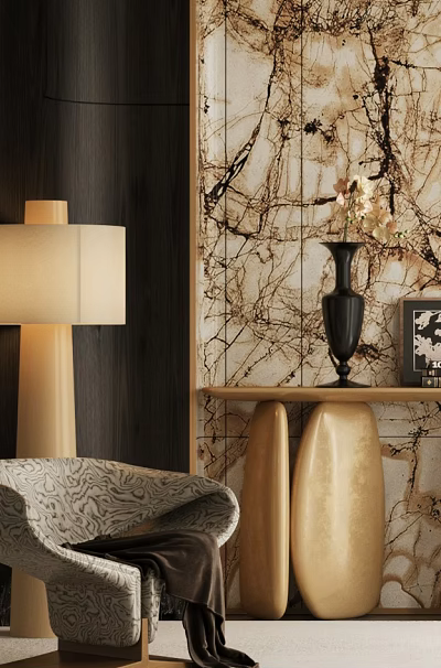 Luxurious Entryway Hallway Featuring Marble Textured Wall Wooden Cabinet Golden Stools And Black Vase 3d model