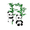 Cute Panda Figurines Playing With Green Bamboo Trees On Gray Surface 3d model