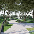 Scenic Park Landscape With Winding Paved Pathway Tall Trees And Lush Greenery