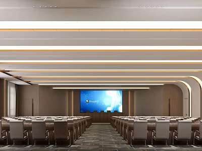 Spacious Modern Banquet Hall Interior With Large Screen And Neatly Arranged Seats 3d model