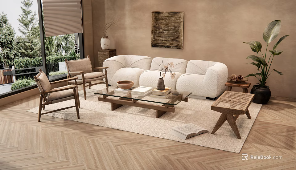 Modern Beige Sofa Coffee Table Set With Glass Top Wooden Frame Armchairs And Area Rug 3d model 