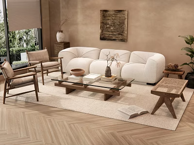 Modern Beige Sofa Coffee Table Set With Glass Top Wooden Frame Armchairs And Area Rug 3d model