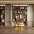 Elegant Modern Bookcase With Fireplace Books Decorative Ornaments And Gold Accents